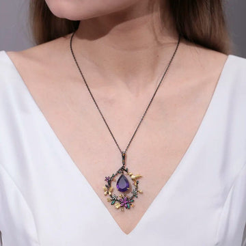 alibaba-koko hummingbird necklace Hummingbird Floral Statement Necklace 925 Sterling Silver Waterproof Vintage Topaz, Amethyst or Citrine